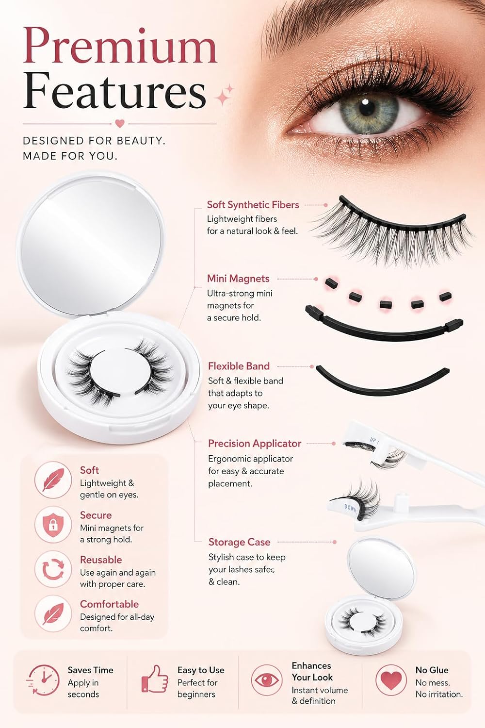 Magnetic Eyelashes for Women, No Glue Needed, Natural Reusable Lashes with Applicator product detail 3